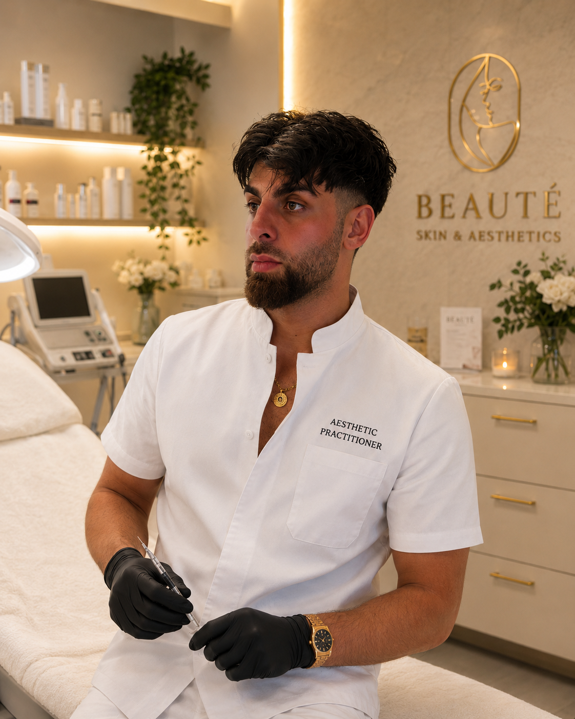Estetisk behandlare hos Dr.Beauty i behandlingsrum – förbereder injektionsbehandling